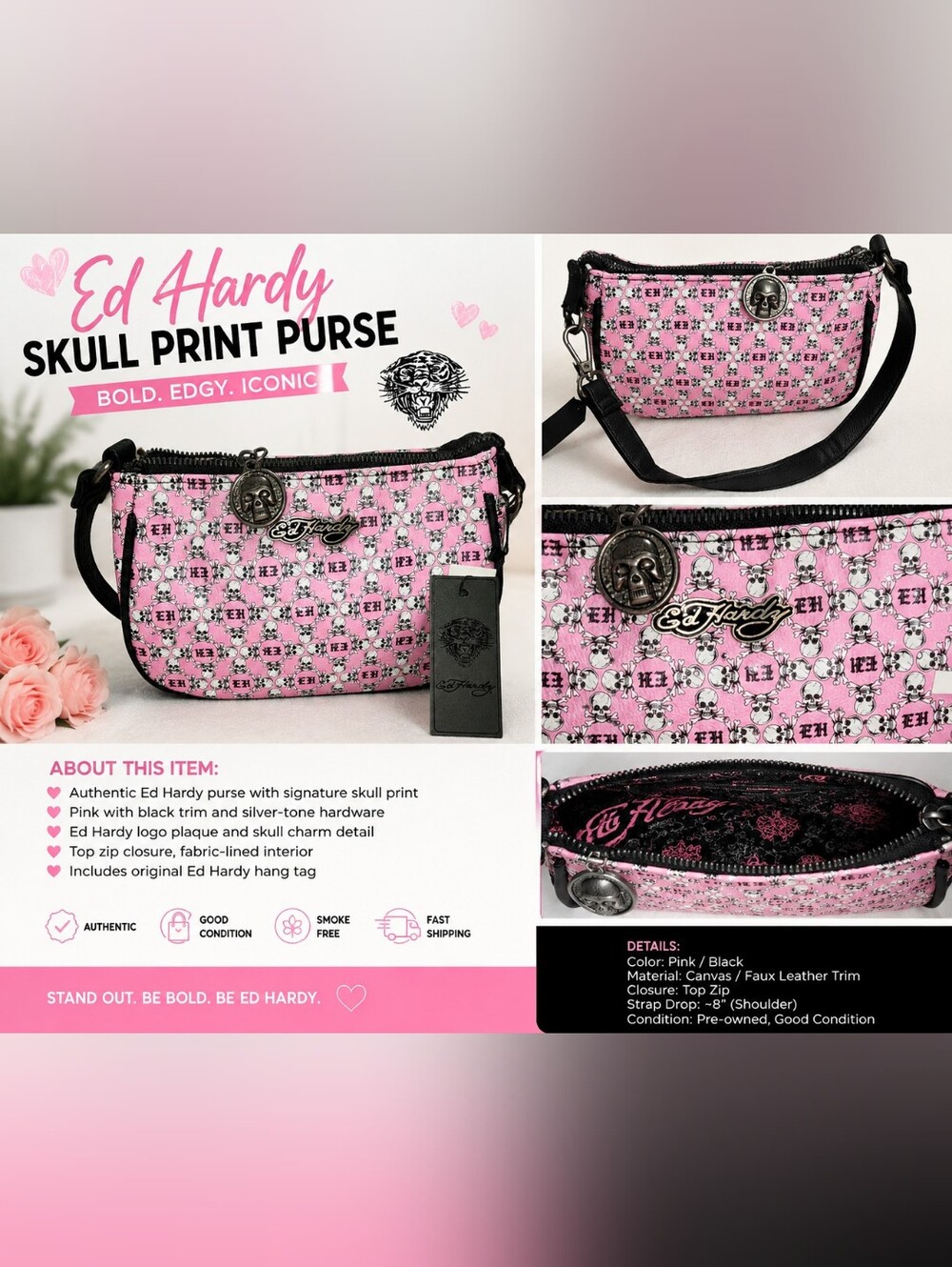 Ed Hardy Pink and Black Skull Print Crossbody Wristlet